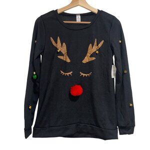 Rudolph Red Nose Reindeer Black Knit Pullover Sweater Jingle Bells Christmas
